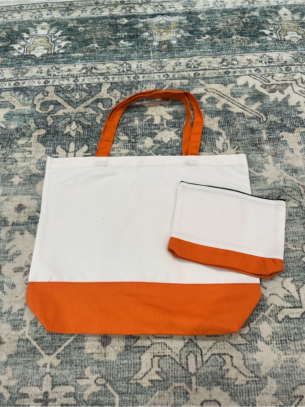 White & Orange Canvas Tote with Matching Zipper Pouch